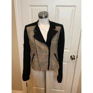 Theory Multicolor Silk Tweed Jacket W/ 100% Leather Sleeves, Size 10
